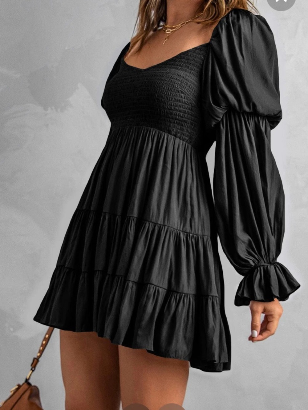 Mustard Seed Black Smocked Tiered Mini with Puff Sleeves